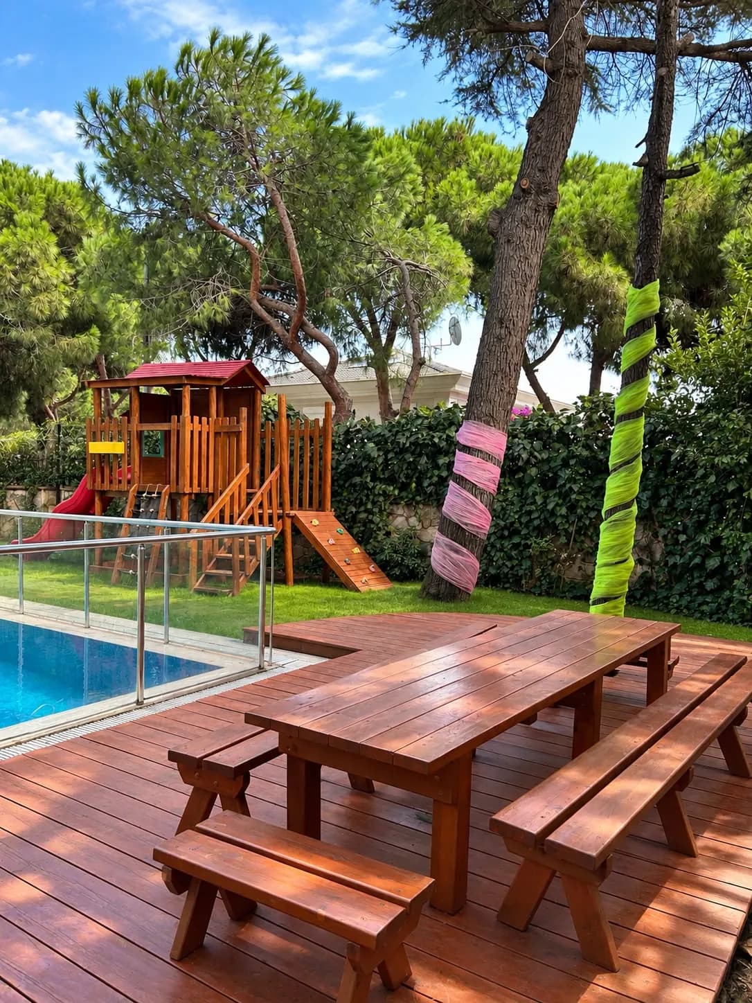 Havuz yanında ahşap piknik masaları