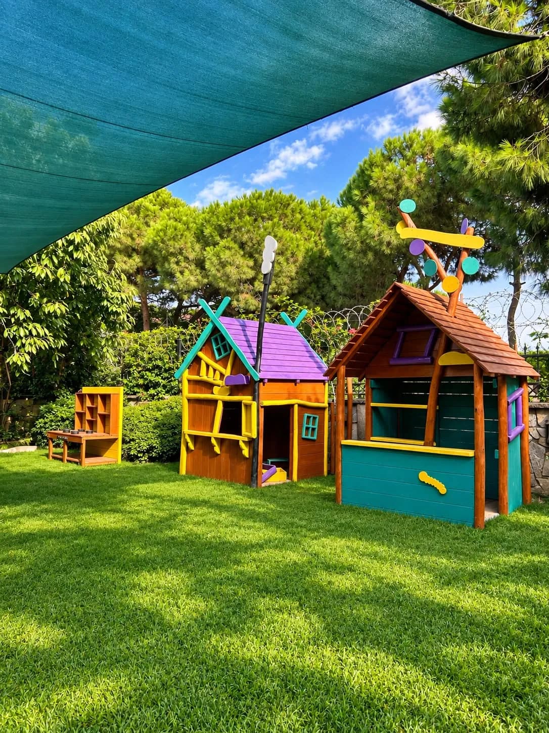 Gölgelik altında renkli oyun evleri